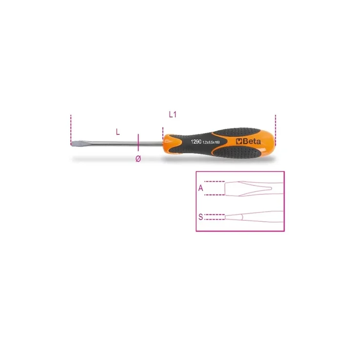 Beta Tools (Article# 1290INOX 5.5X150) Slotted Screwdriver, INOX Stainless Steel, 5.5mm Tip, OAL 150mm – BT 12900442